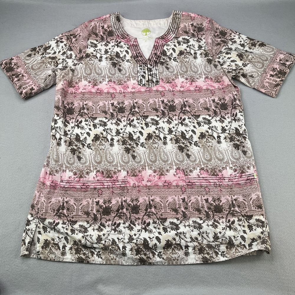 Healing Hands Scrub Top Women XL Short Sleeve V-Neck Floral Print